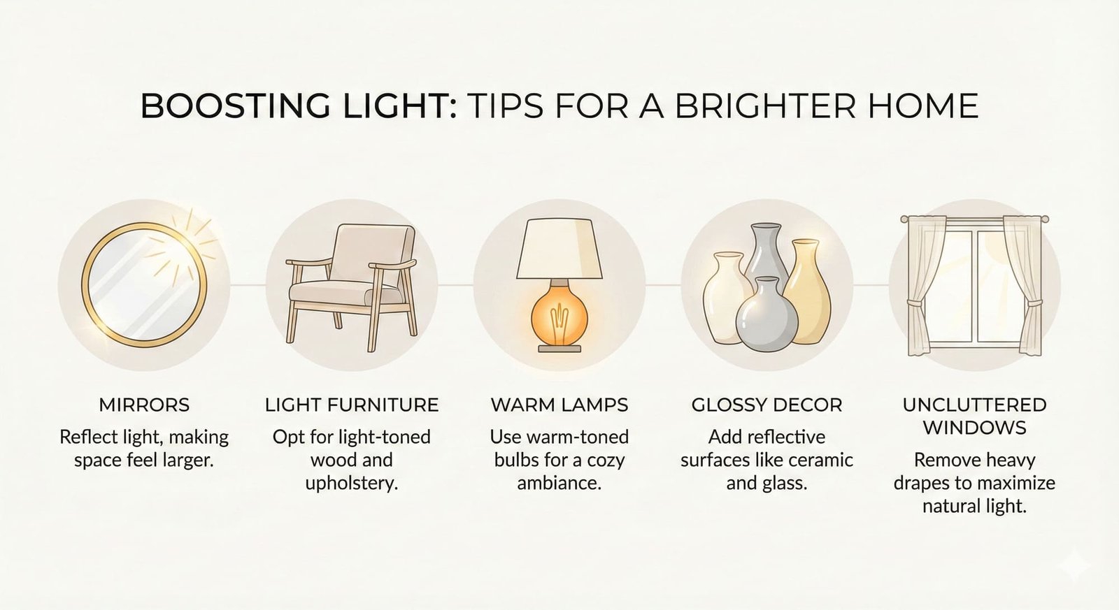 Infographic displaying tips to brighten dim rooms using mirrors, light furniture, warm lighting, glossy decor, and uncluttered windows.