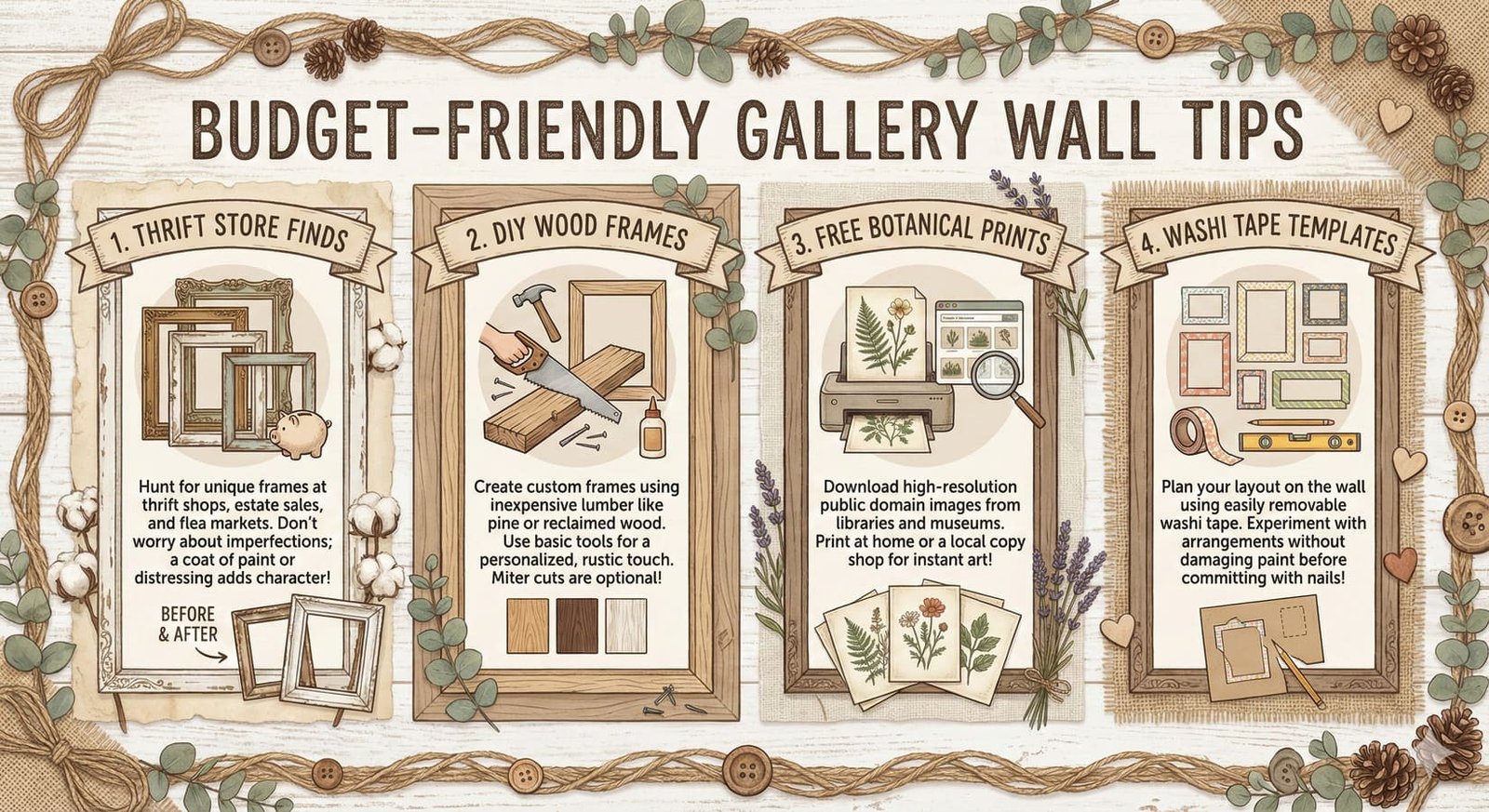 farmhouse-style infographic offering budget-friendly tips for creating a gallery wall.