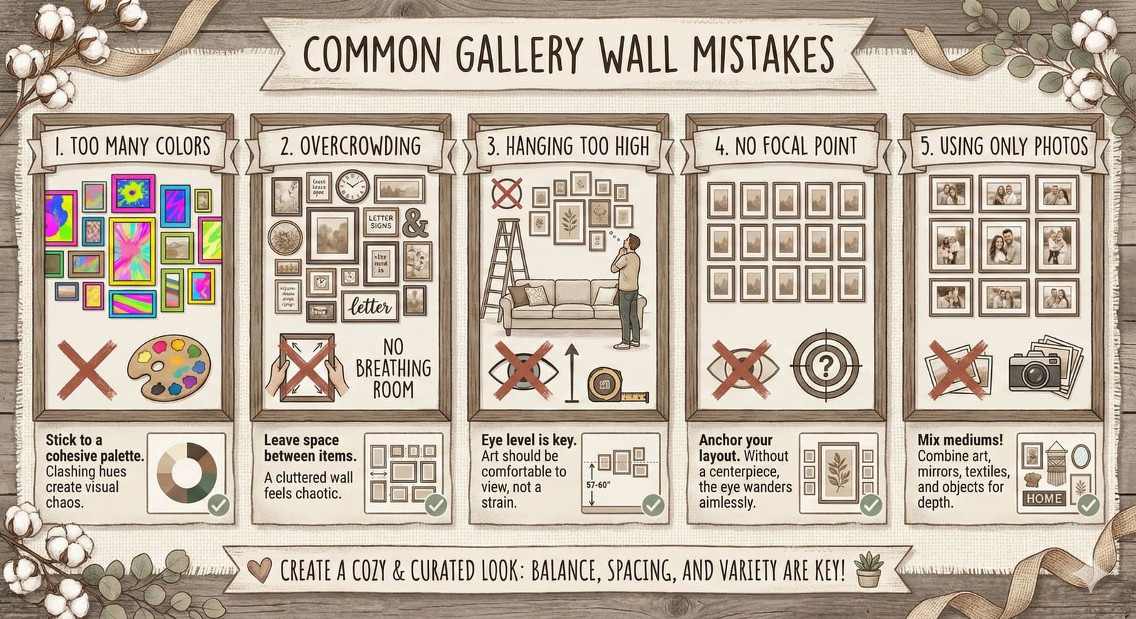 A rustic infographic listing common farmhouse gallery wall mistakes and how to avoid them.