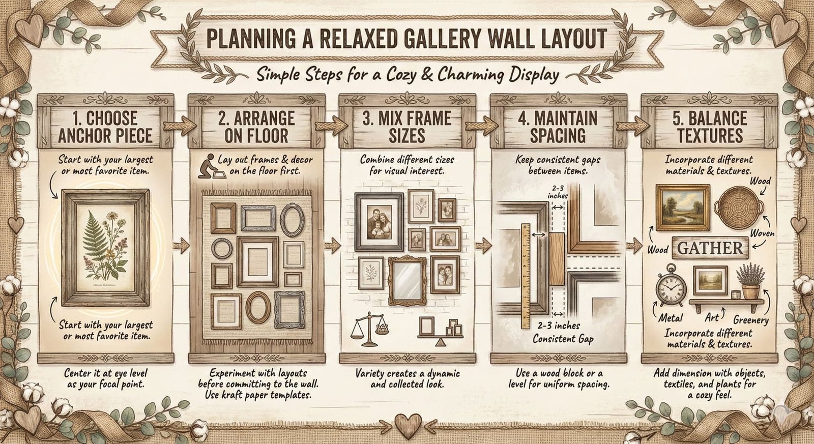 A farmhouse-style infographic showing steps for planning a relaxed gallery wall layout.