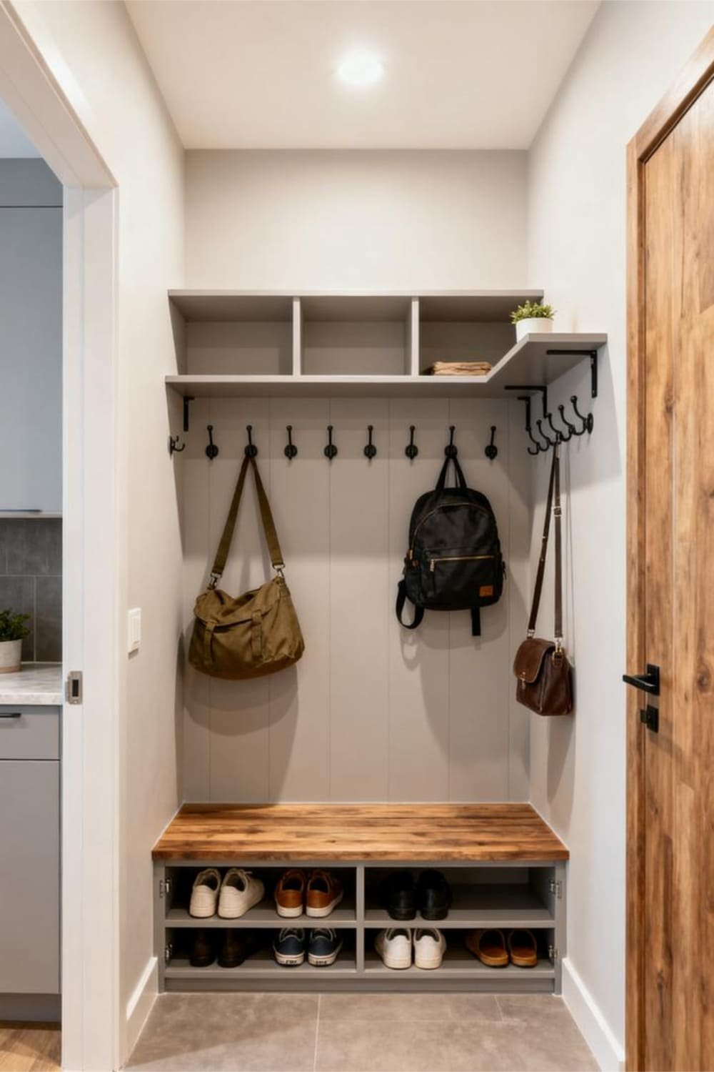 Functional mudroom wall setup with mid-height hooks, low shoe cubbies, side bag hooks, and small top shelves for easy access.