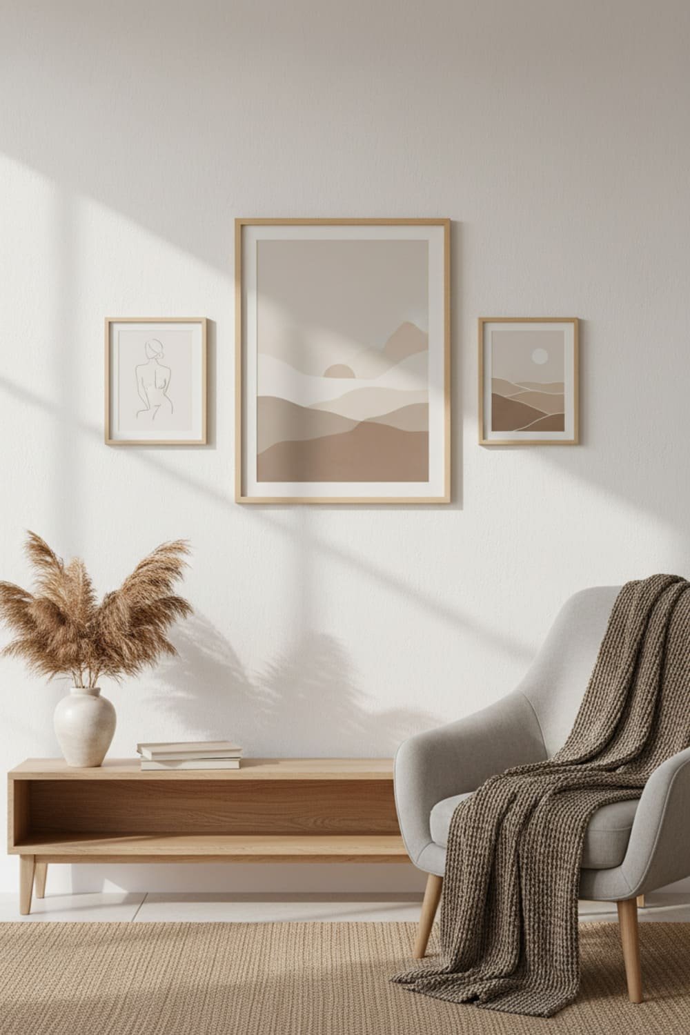 A Scandinavian gallery wall arranged as a trio with one large and two small frames