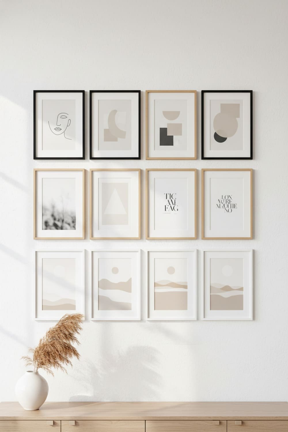 A symmetrical Scandinavian gallery wall with paired frames.