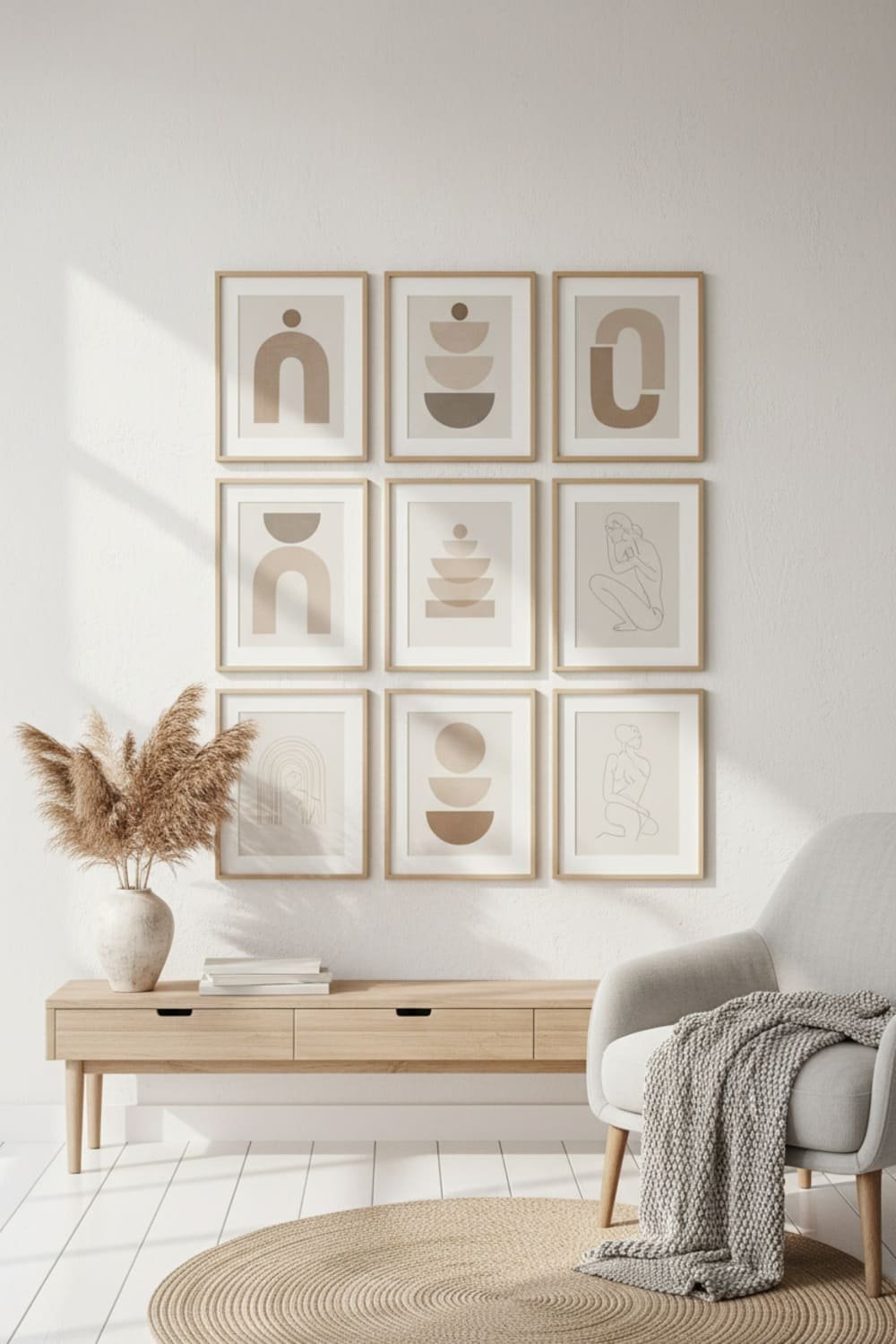 A soft-grid Scandinavian gallery wall with evenly spaced neutral artwork