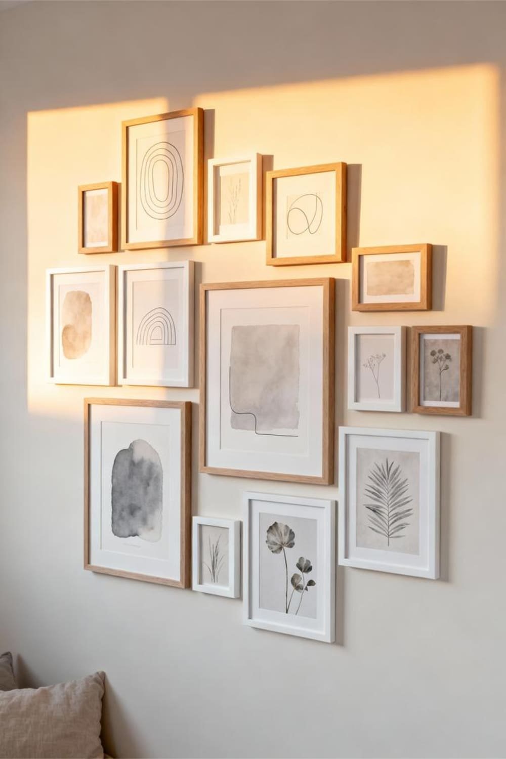 Organic clustered Scandinavian gallery wall with neutral artwork.