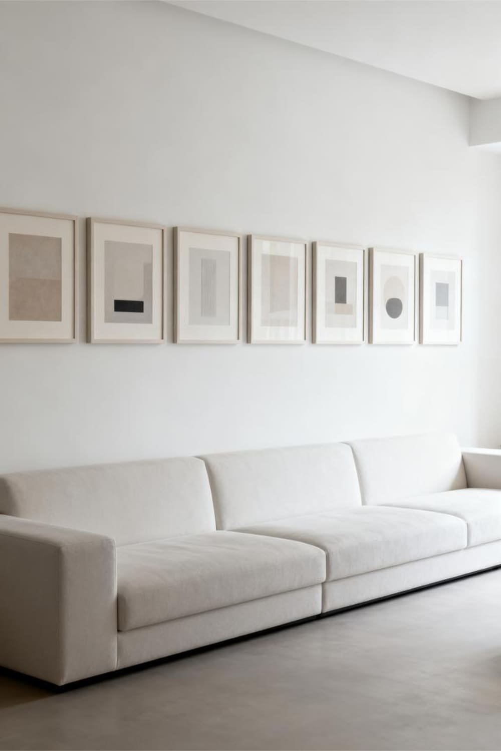 Straight row of same-height frames arranged horizontally above a sofa.