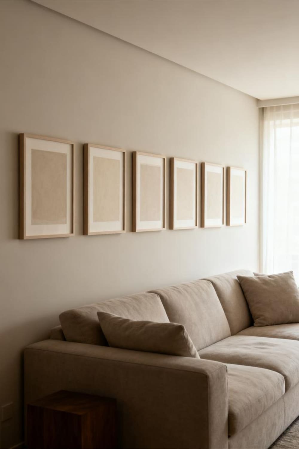 Linear minimalist gallery wall arranged in a straight horizontal line