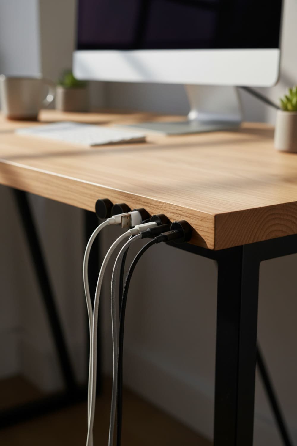Close-up of desk edge showing magnetic cable clips holding charging cables neatly in place.