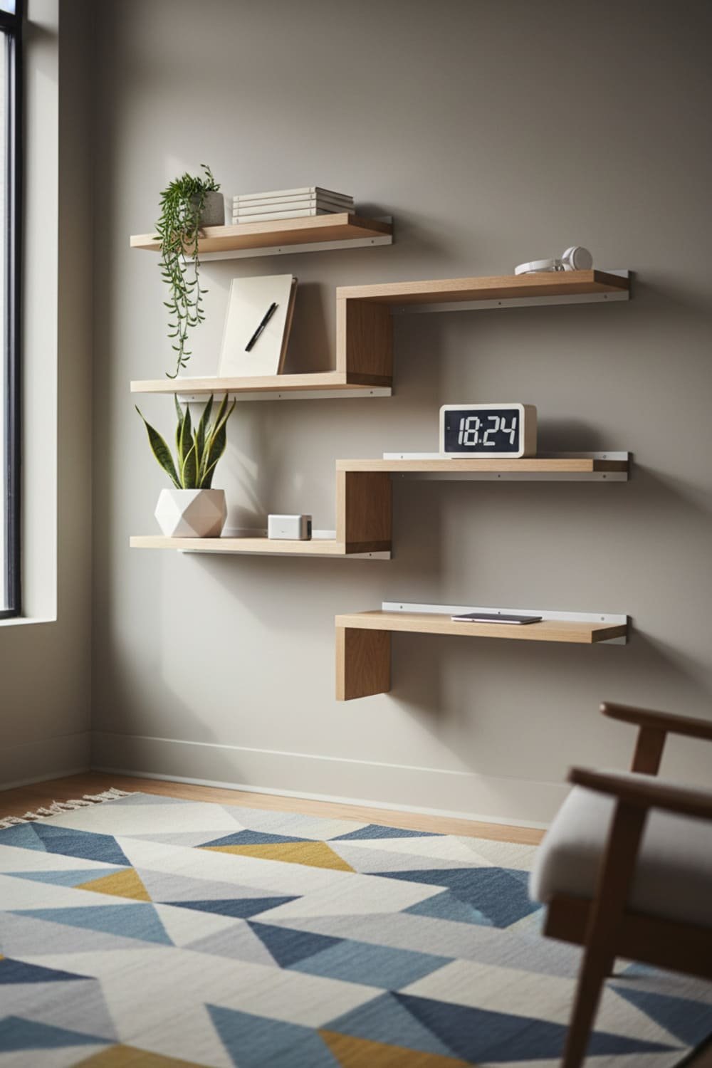 Minimalist office wall with magnetic floating shelves holding notebooks, plants, and small tech accessories.