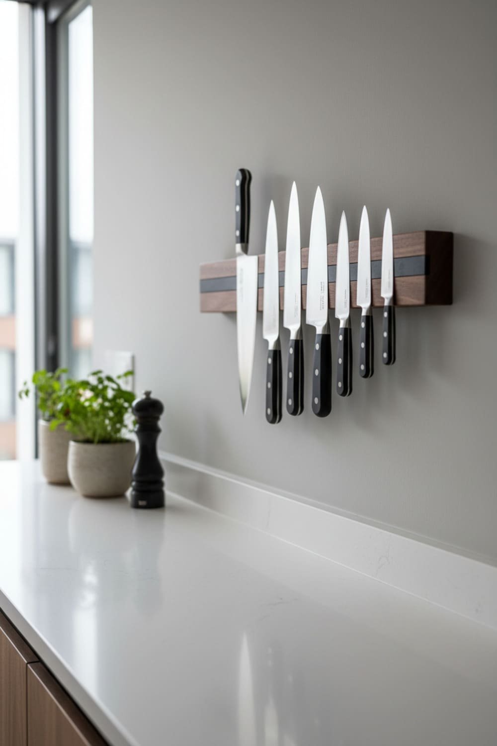 Wooden magnetic knife strip mounted on a modern kitchen wall holding stainless steel chef knives.