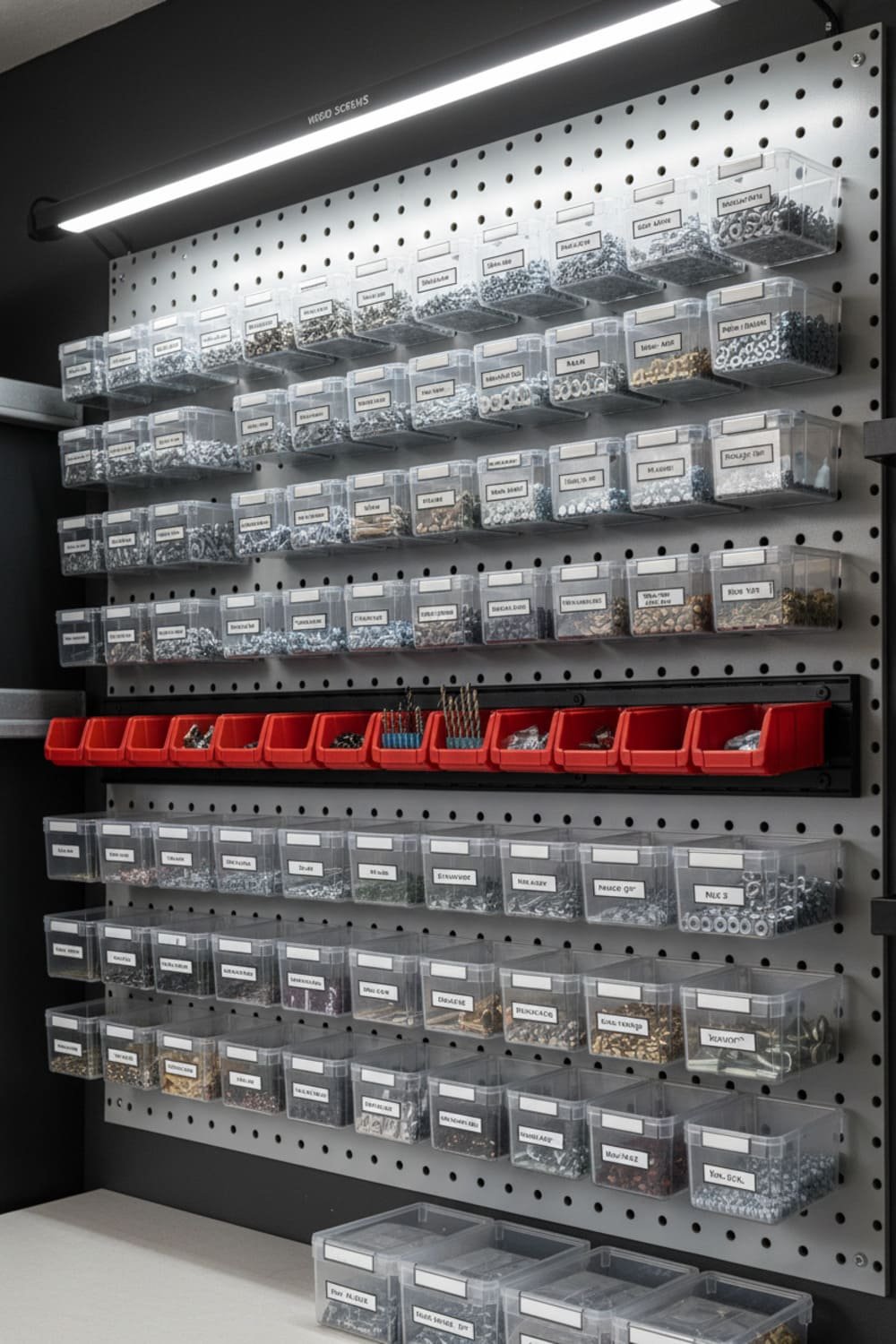 Magnetic bins attached to a steel pegboard filled with screws, bolts, and hardware.