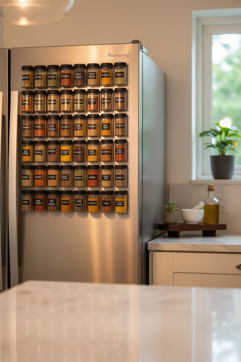 Magnetic spice jars with labeled lids attached to the side of a stainless steel refrigerator.