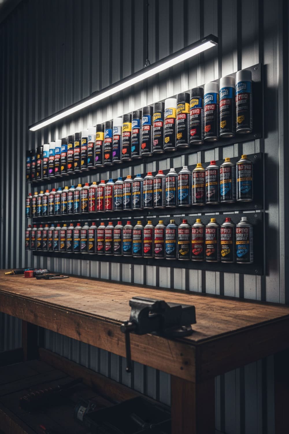 Magnetic holders securing spray paint and lubricant cans vertically on a metal garage wall.