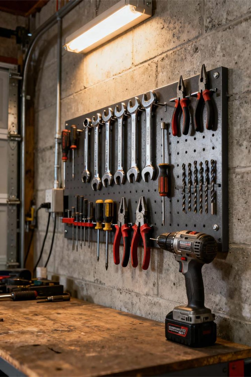 Garage wall with a heavy-duty magnetic tool rack holding wrenches, screwdrivers, and pliers.