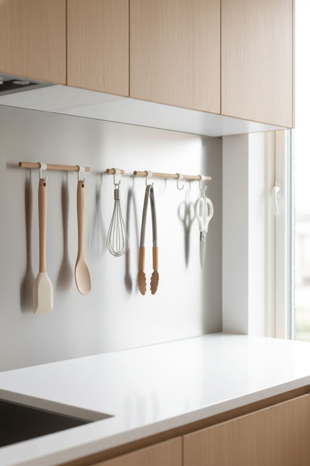 Magnetic hooks and rails on a metal backsplash holding spatulas, whisks, and other cooking utensils.