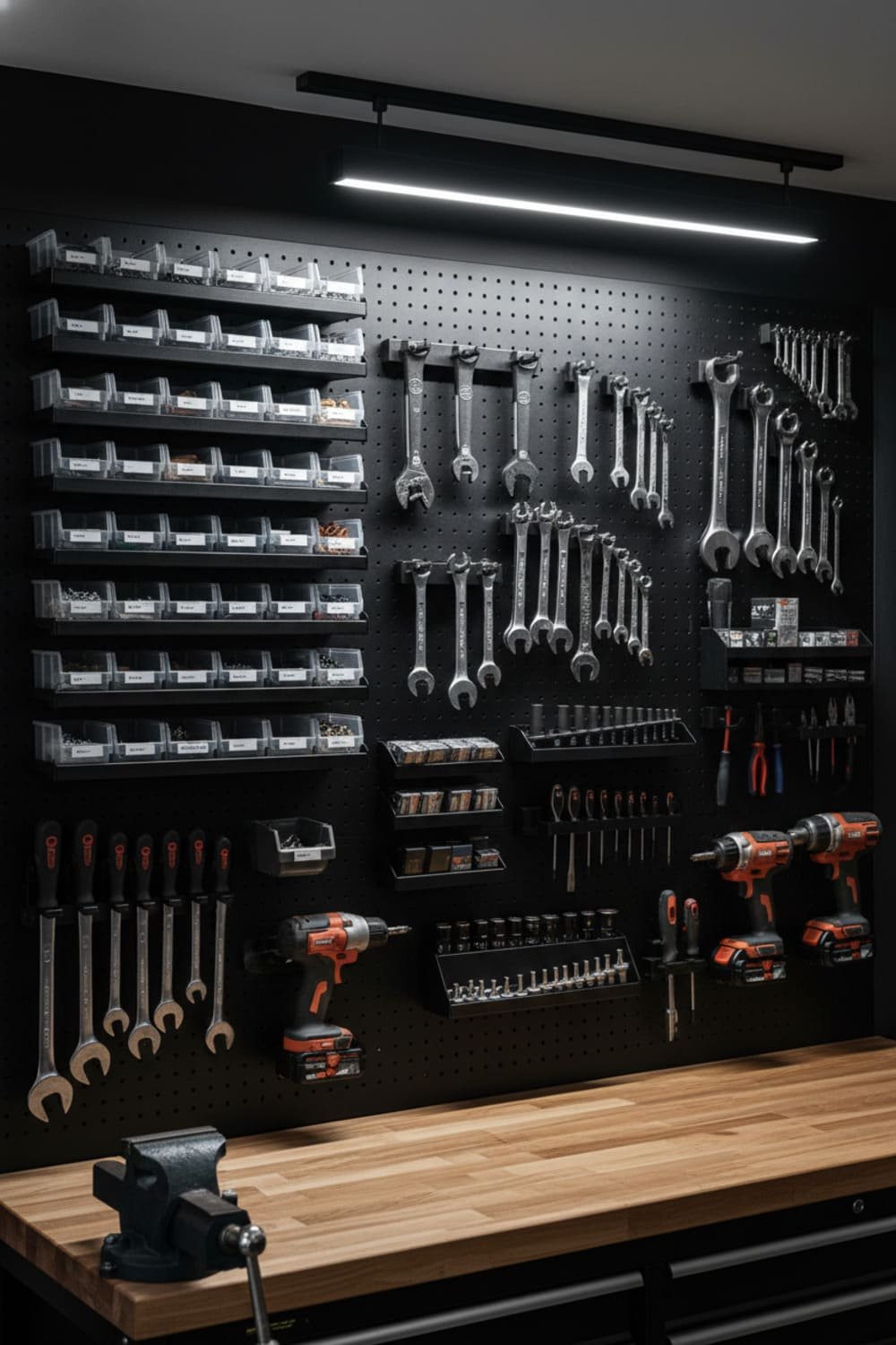 Fully organized garage featuring magnetic wall panels holding shelves, hooks, trays, and tools.