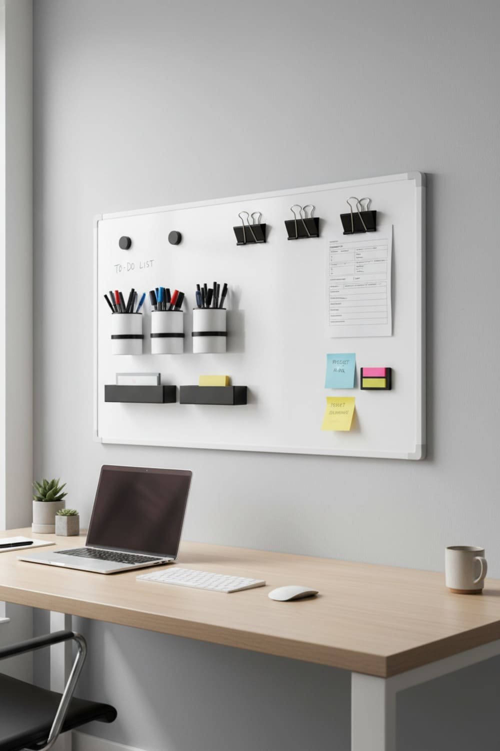 Home office whiteboard with magnetic pen cups, clips, and trays attached above a minimalist desk setup.