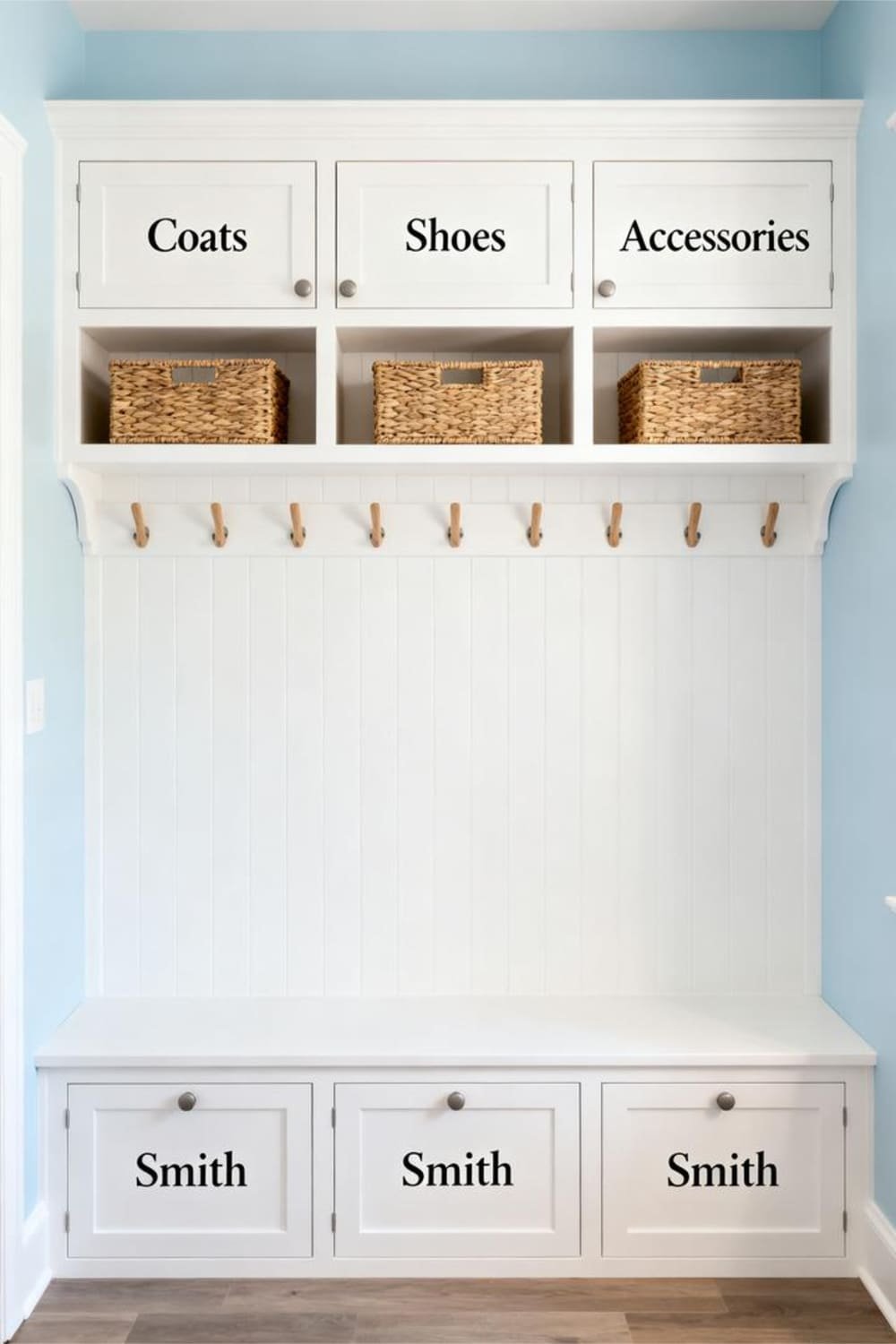 Mudroom wall with individualized storage zones including labeled cubbies, baskets, and evenly spaced hooks.