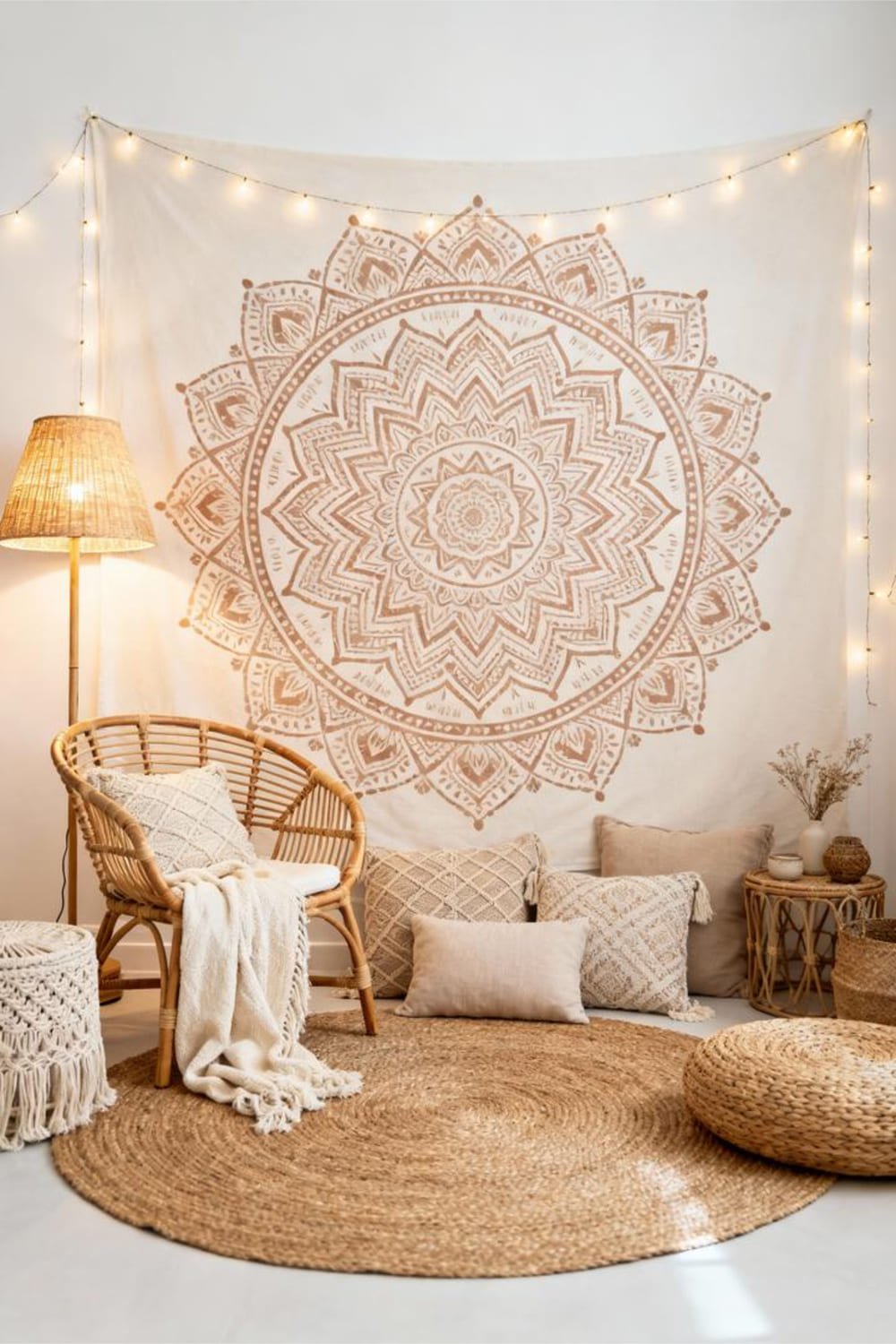 Large mandala printable wall art displayed in a peaceful meditation corner with natural textures.