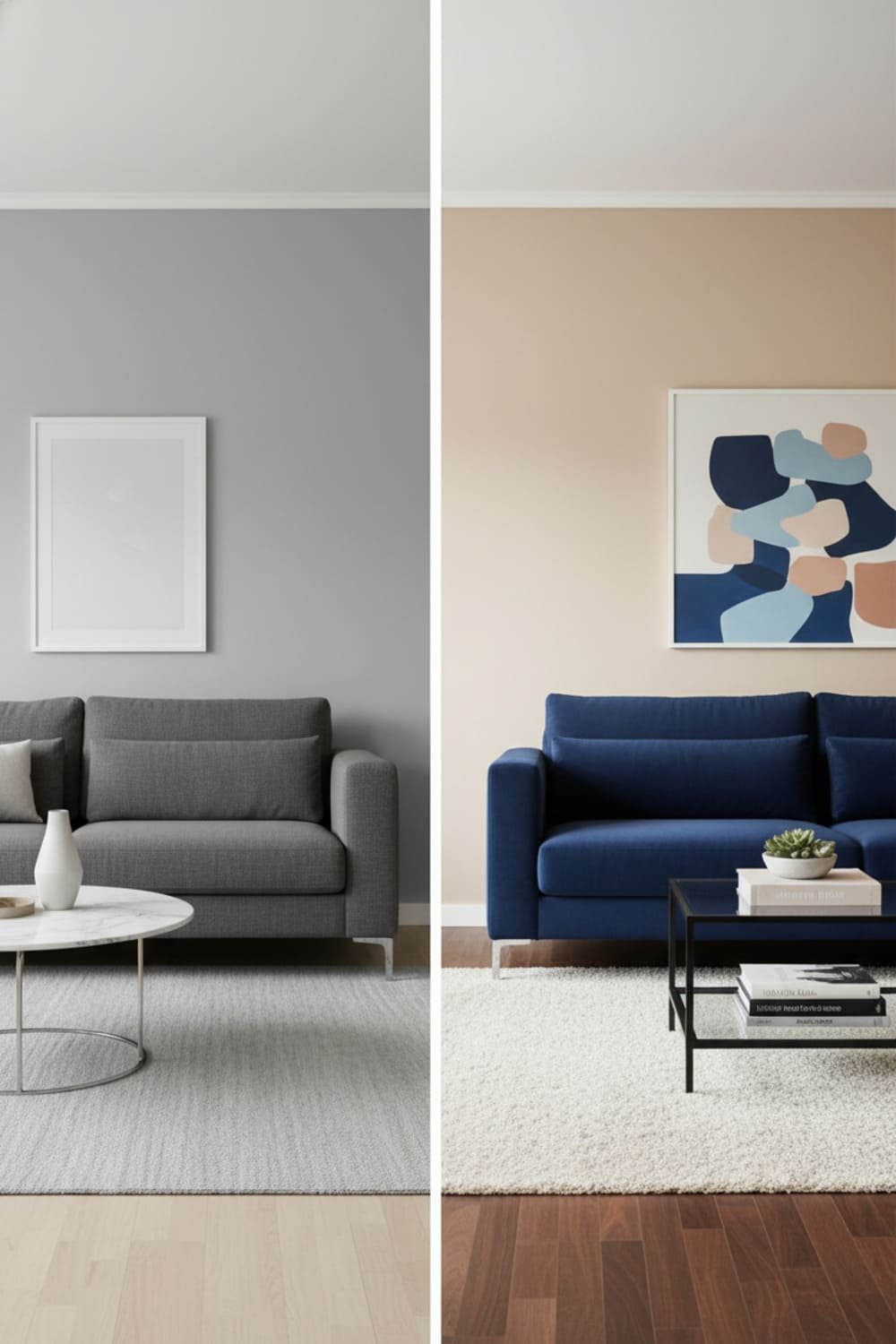 Side-by-side rooms showing matching tones on one wall and contrasting tones on the other, illustrating how furniture interacts with paint.