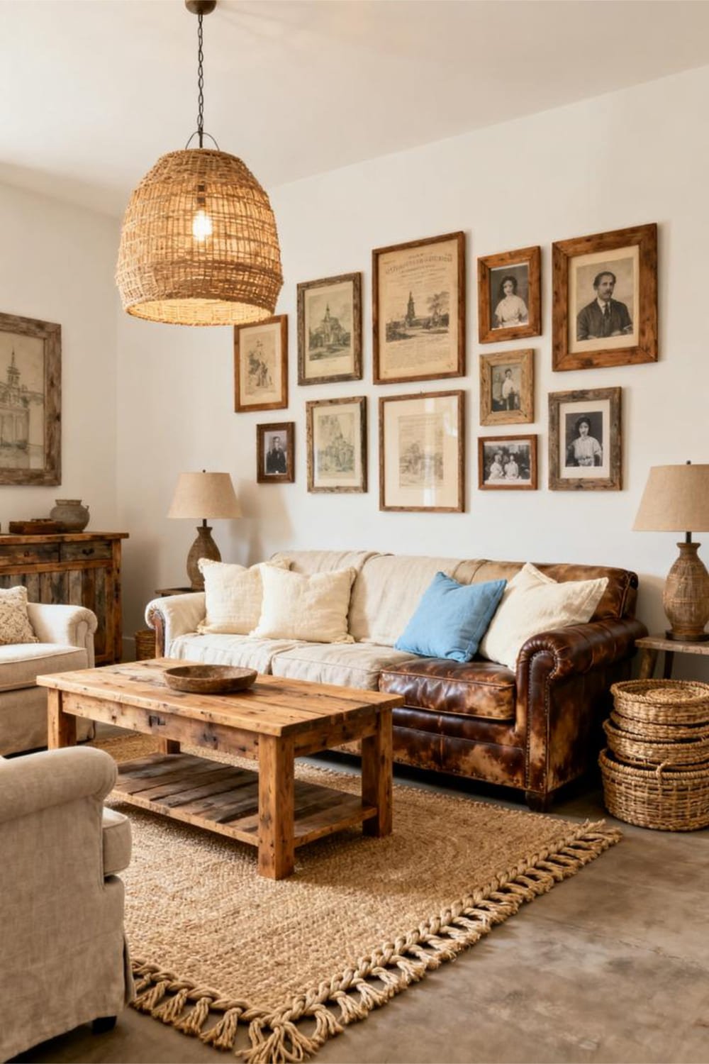 A farmhouse living room that matches a rustic gallery wall with natural textures and warm décor.