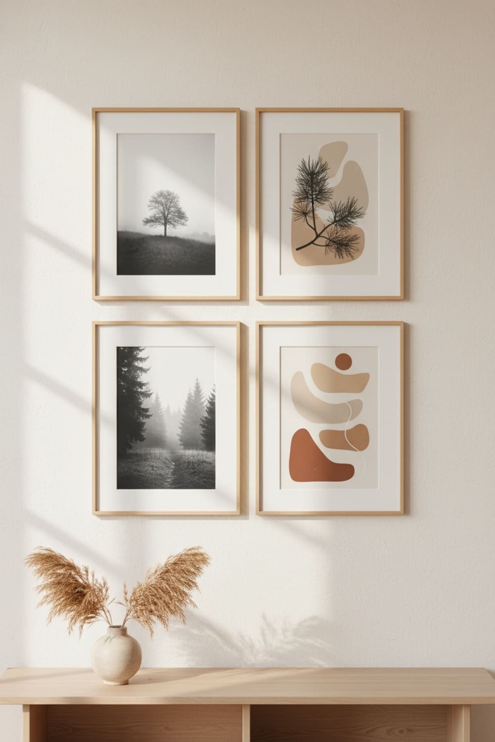 Comparison of matted and unmatted Scandinavian artwork in neutral frames.