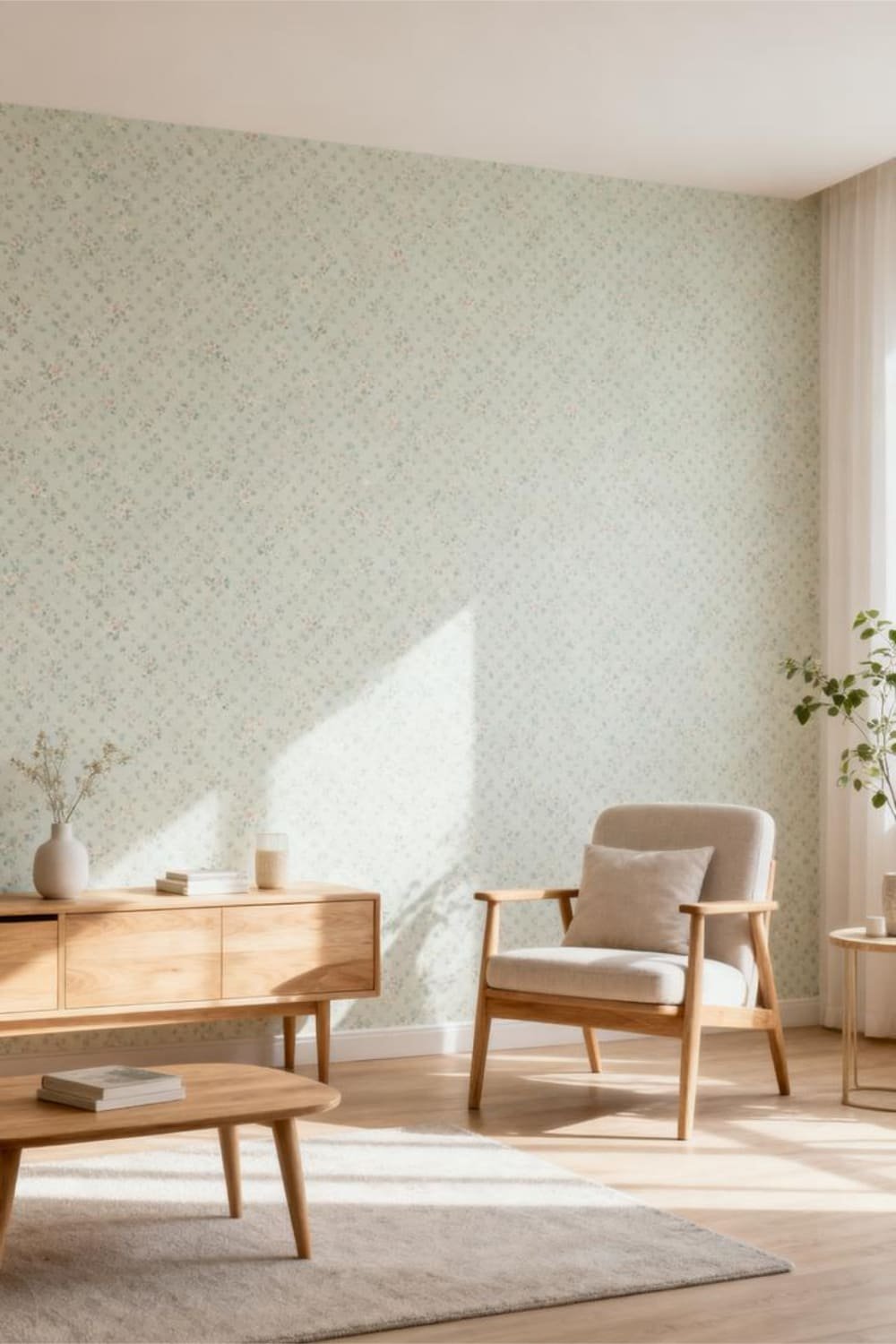 Interior featuring micro-print wallpaper with tiny floral or dotted patterns that add texture without darkening the room.