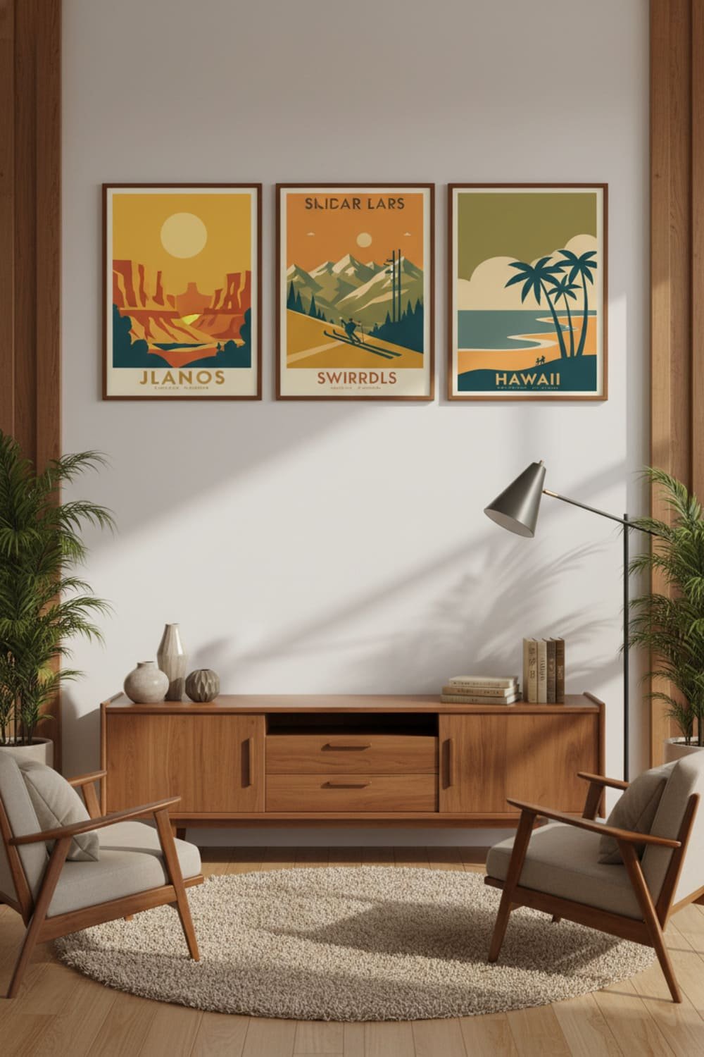 Mid-century modern travel poster printables with retro colors displayed in a warm, retro-inspired living room.