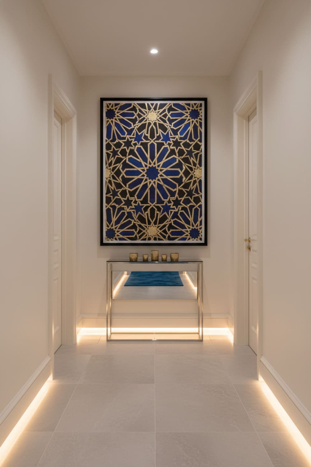 Moroccan geometric tile-inspired printable art with blue and gold details in a modern, well-lit hallway.