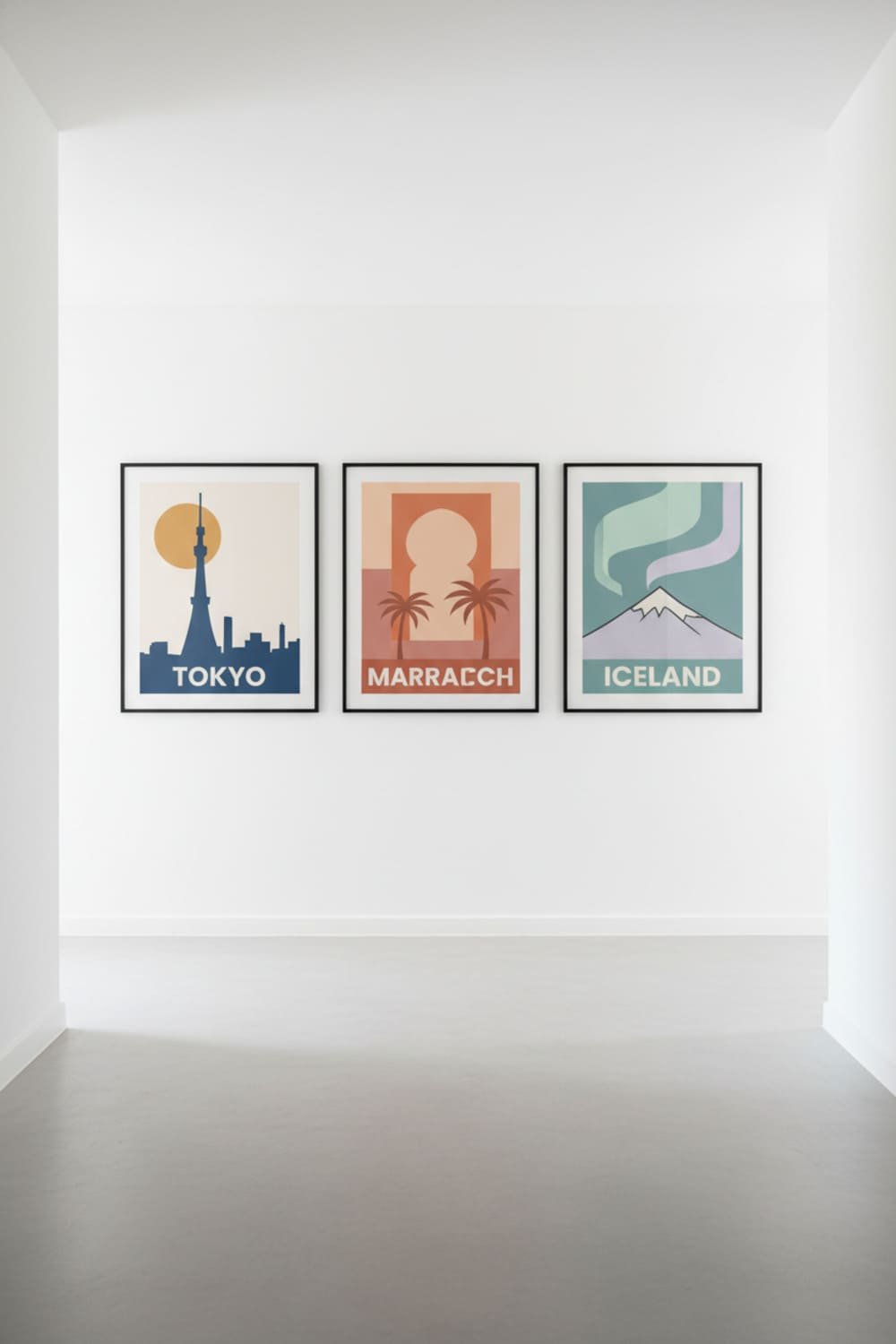 Flat-color minimalist destination poster printables framed in a clean, modern hallway.