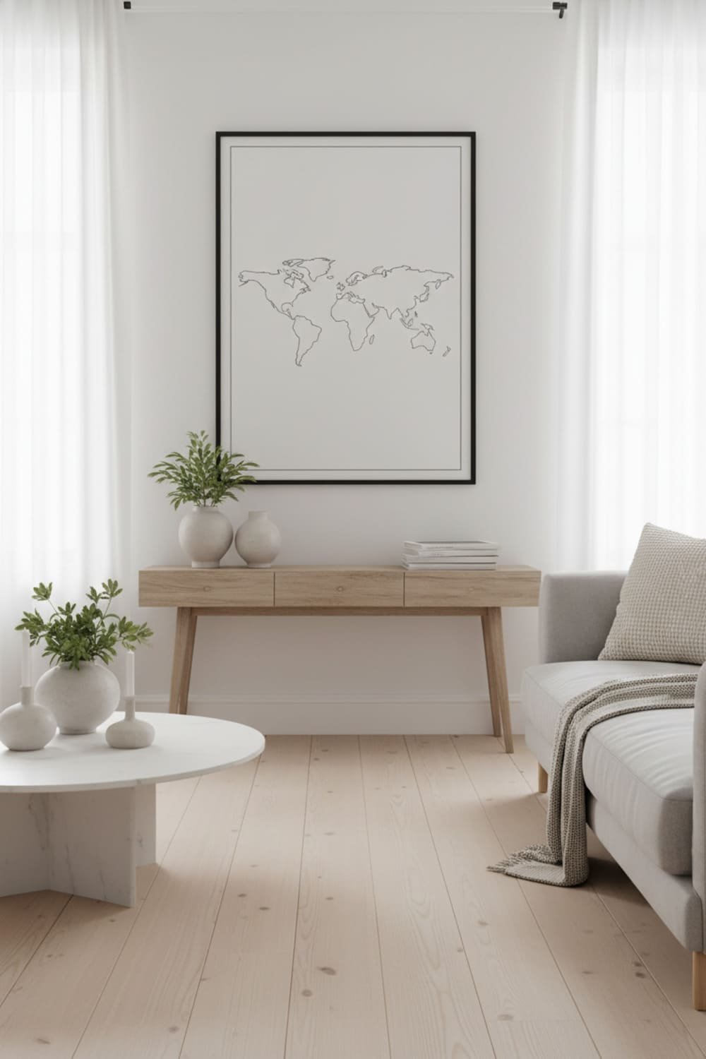 Minimalist line-art world map printable displayed above a light wood console in a Scandinavian-style living room.