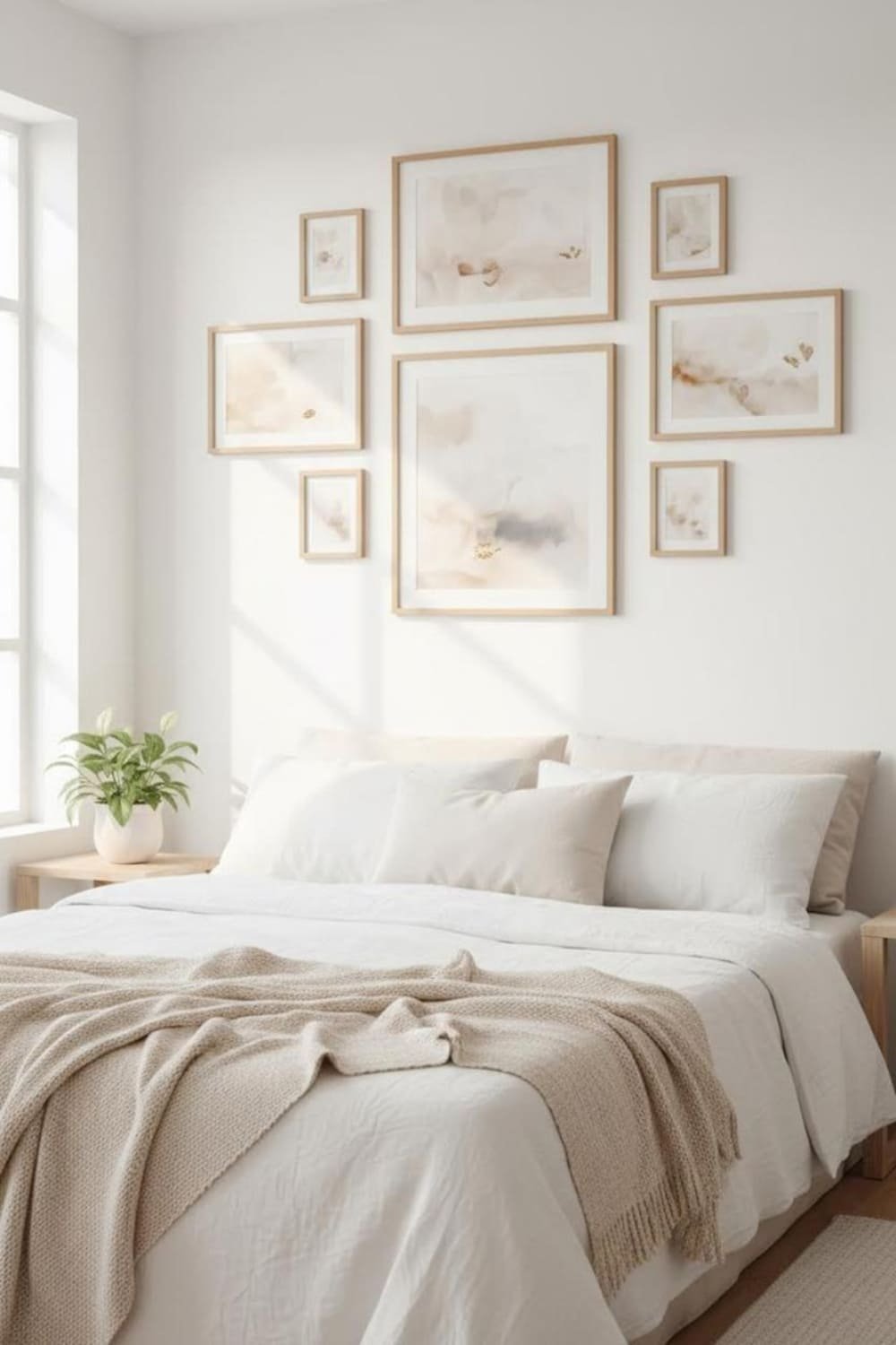Minimalist bedroom gallery wall with soft tones and simple frames