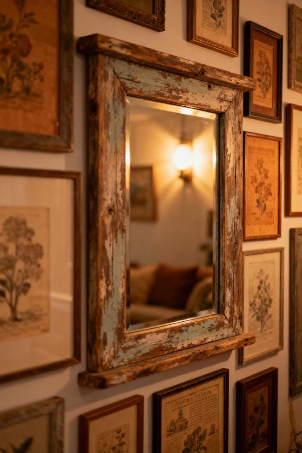 A rustic wooden-framed mirror used within a farmhouse gallery wall.