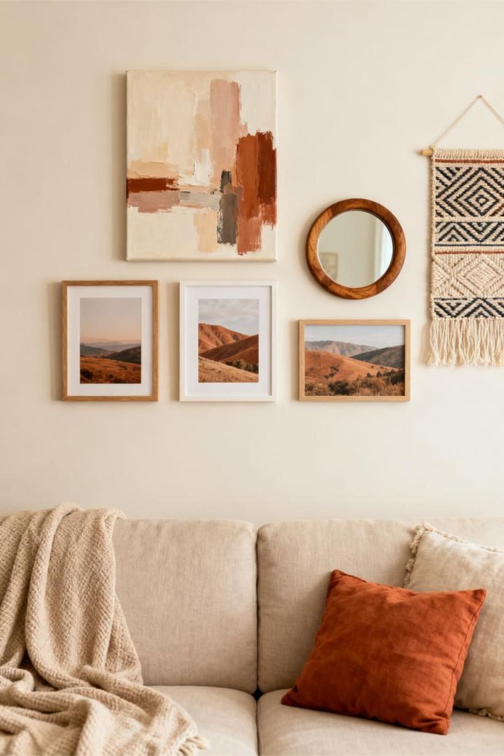 Gallery wall above sofa combining different media such as canvas, prints, and textiles.
