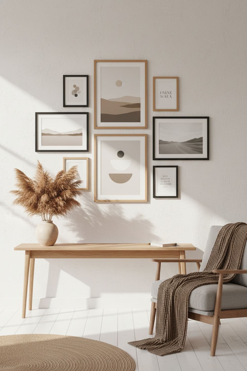A Scandinavian gallery wall mixing vertical and horizontal frames.