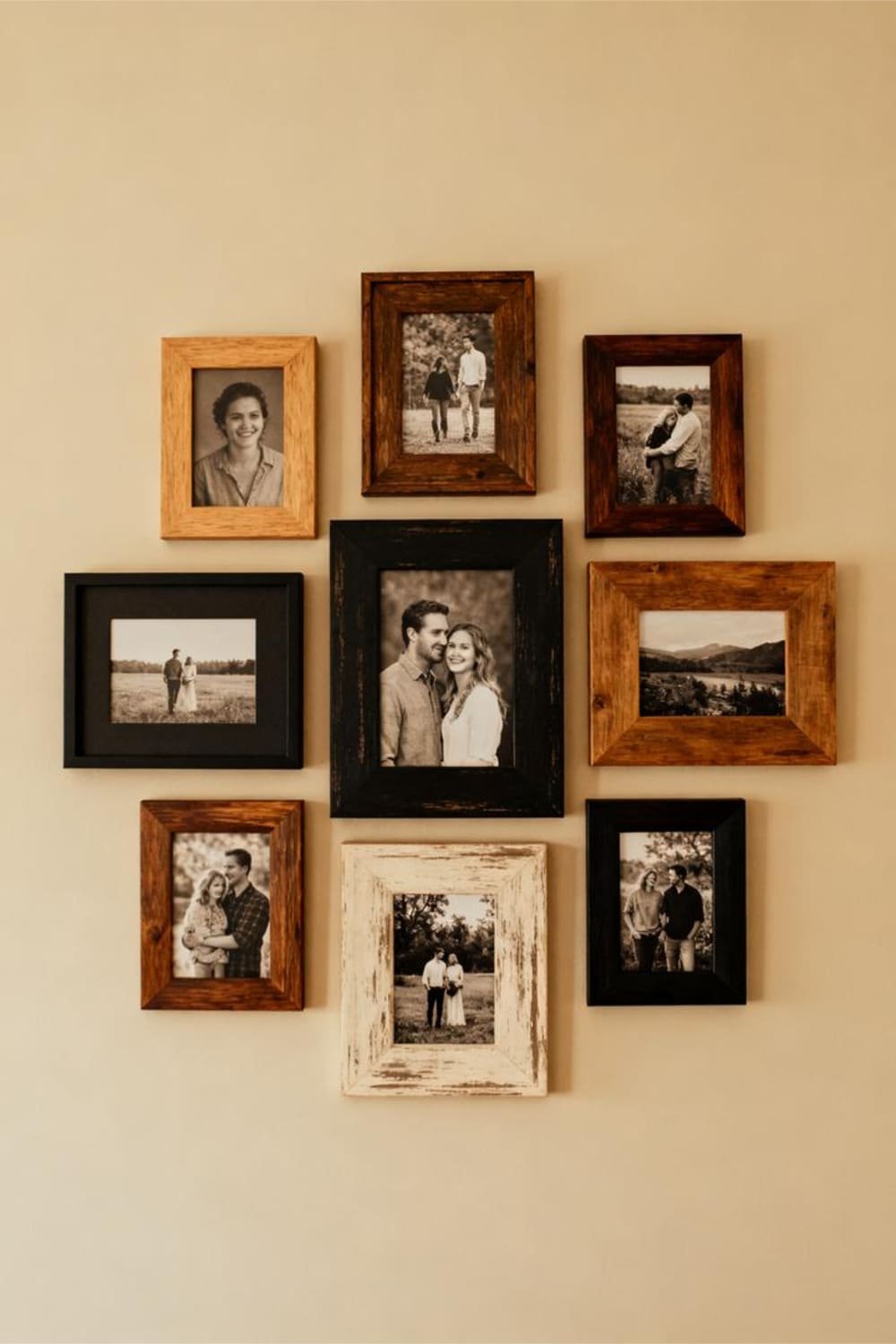 A gallery wall with warm-toned personal photos displayed in rustic wooden frames.