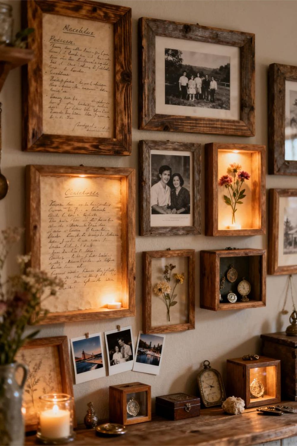 A rustic gallery wall decorated with personal items such as handwritten recipes, Polaroids, and keepsakes.