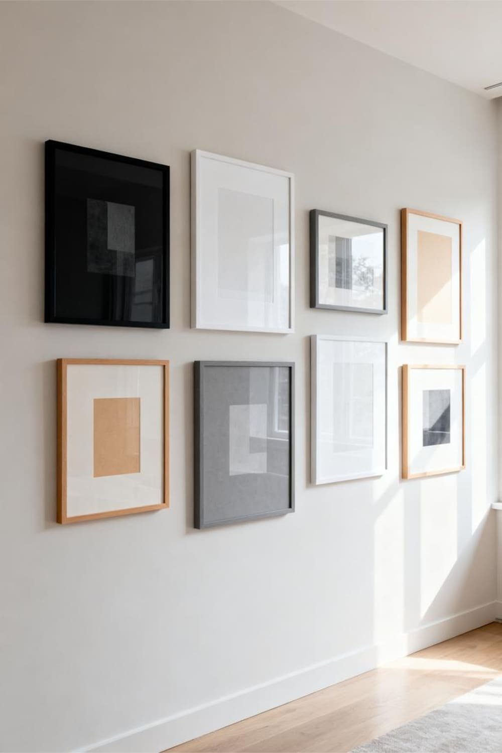 Minimalist gallery wall using a consistent neutral color palette for a clean look