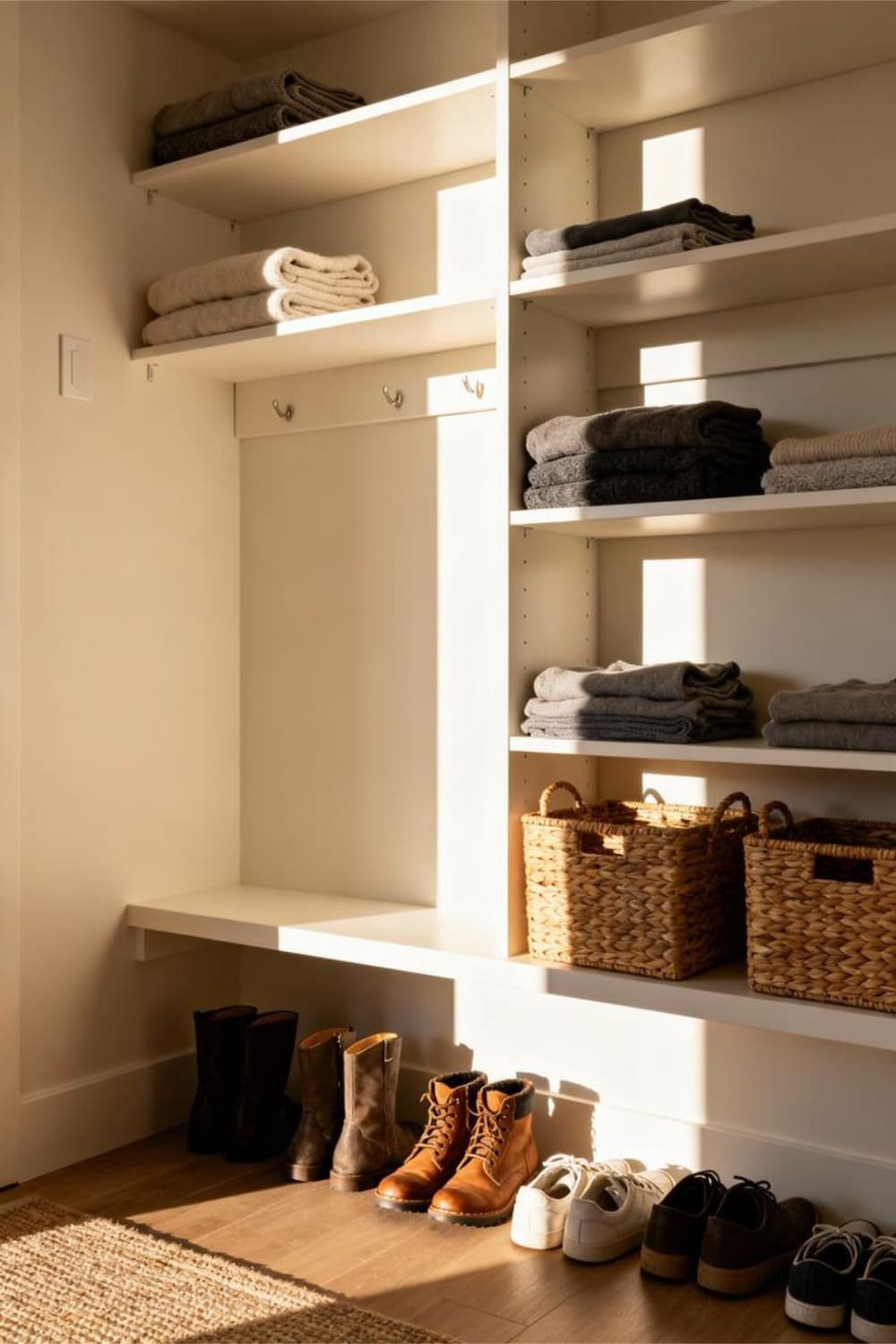 Freshly organized mudroom with aligned shoes, neatly positioned baskets, and clean shelves.