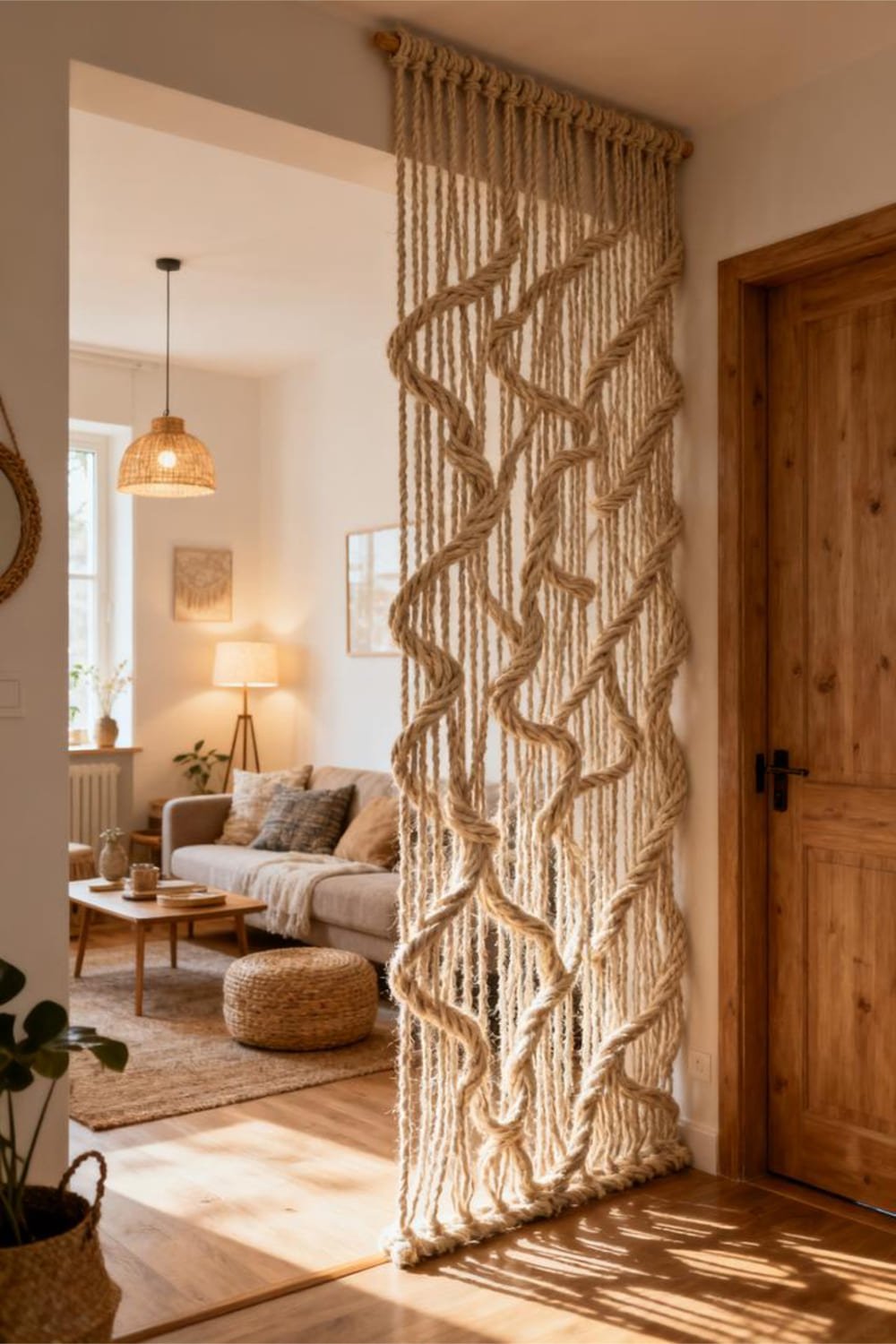 Floor-to-ceiling rope wall divider creating separation in a compact apartment.