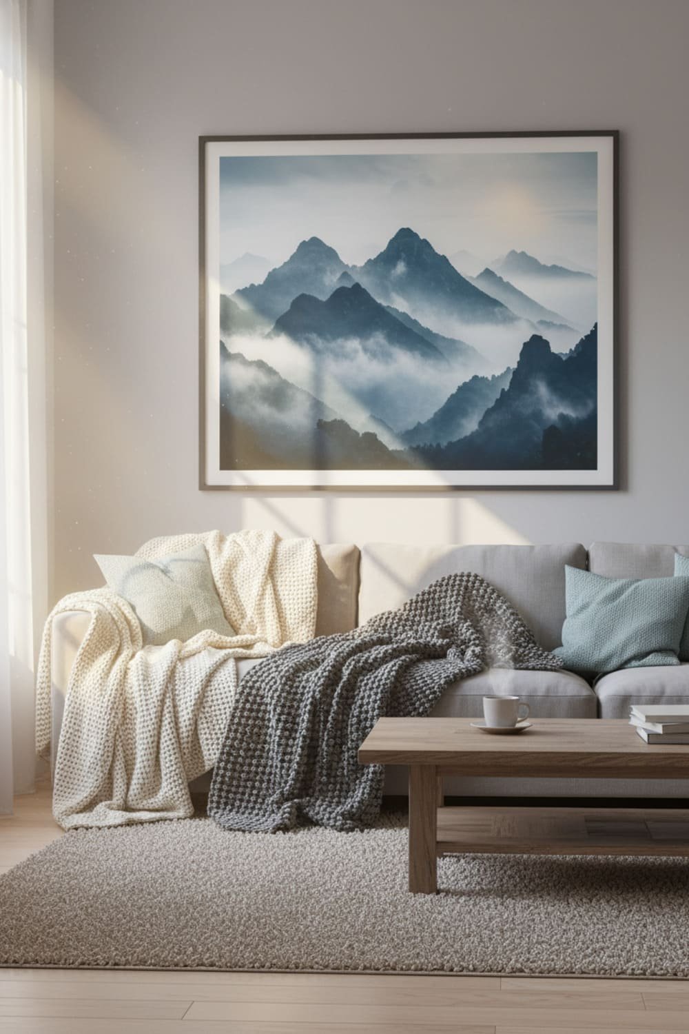 Large printable of a misty mountain landscape hanging in a cozy living room with soft natural light.