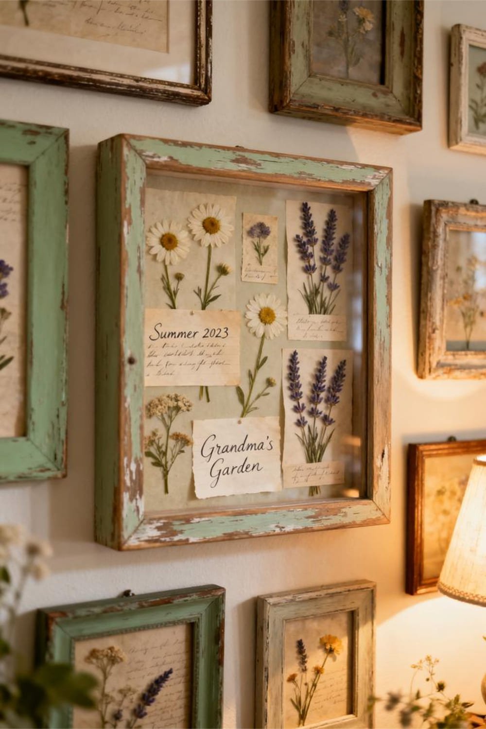 A rustic shadow box containing pressed flowers and a vintage handwritten note.