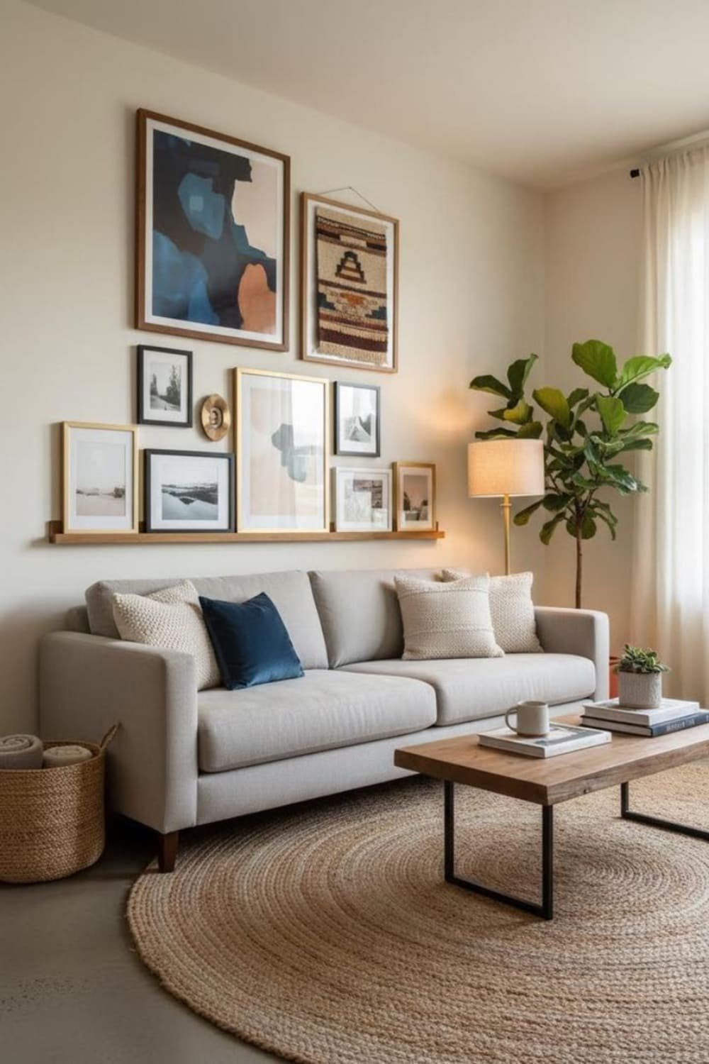 Picture ledge with layered frames and hanging art arranged above a sofa.