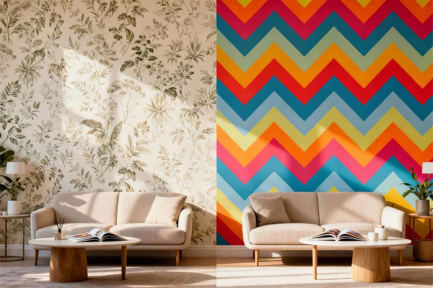 Side-by-side comparison of trendy chevron wallpaper versus timeless neutral botanical wallpaper.