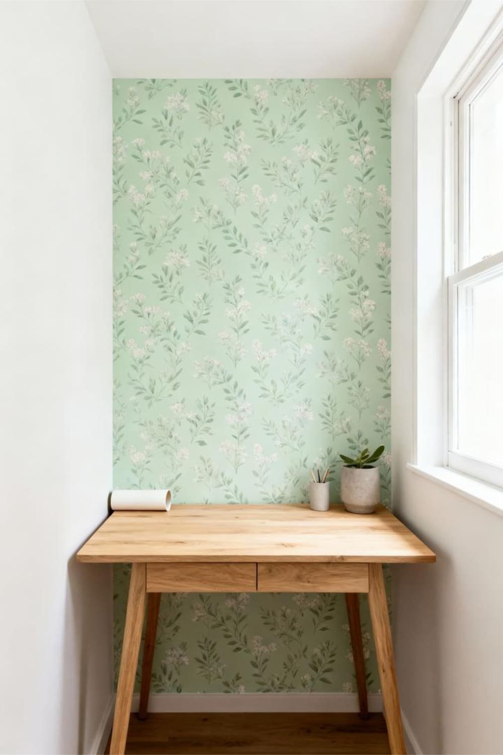 Small workspace with botanical peel-and-stick wallpaper accent wall.
