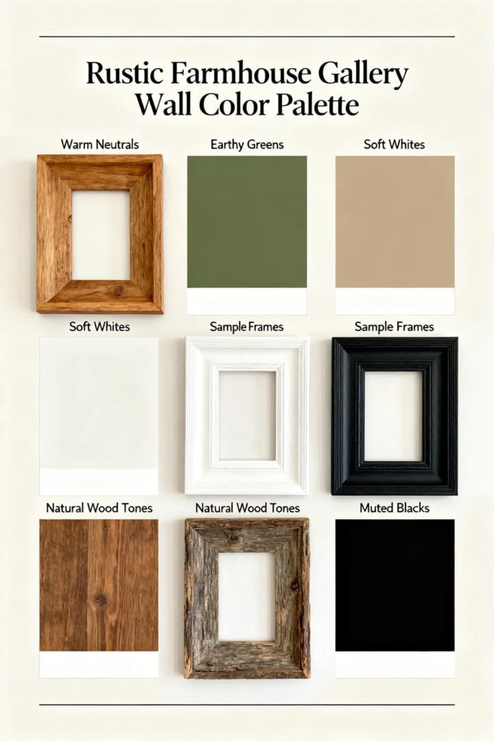 A color palette board of warm neutrals, wood tones, and soft farmhouse shades for gallery wall styling.