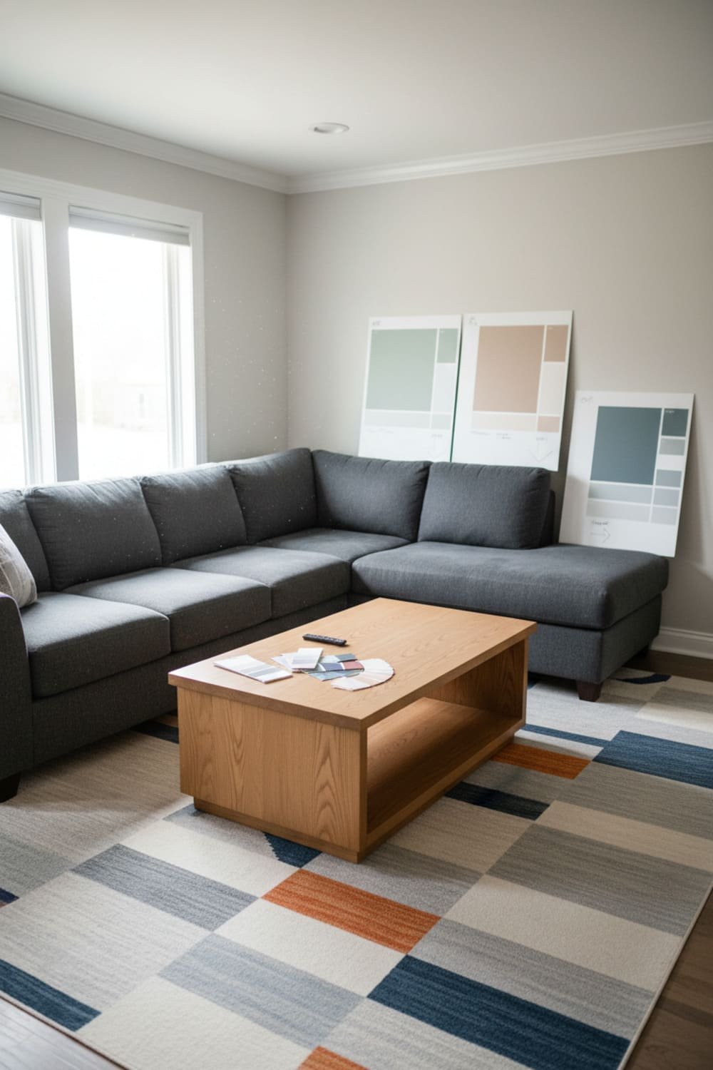 Living room with fixed furniture like a gray sofa and wood coffee table, with wall paint samples shown next to the decor.
