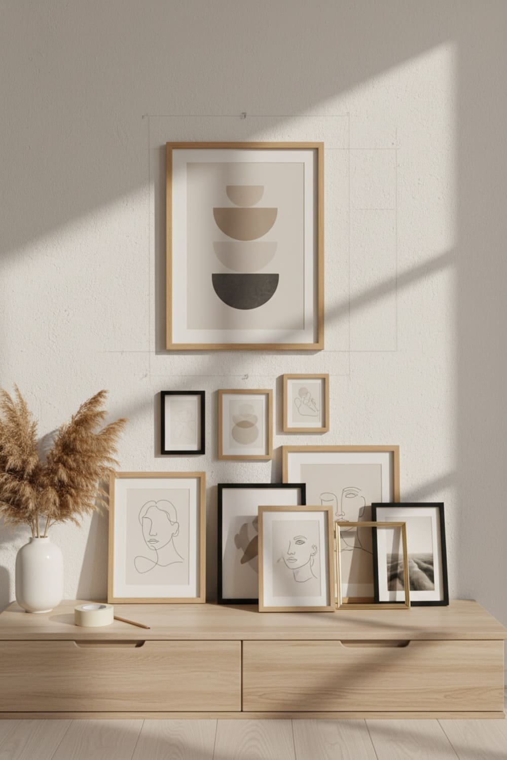Scandinavian gallery wall layout with a large anchor frame placed off-center.