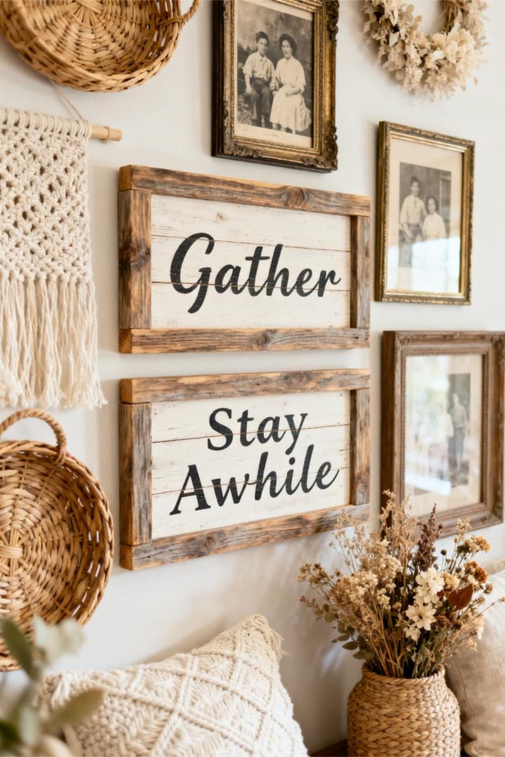 Wooden farmhouse statement signs arranged as part of a rustic gallery wall.