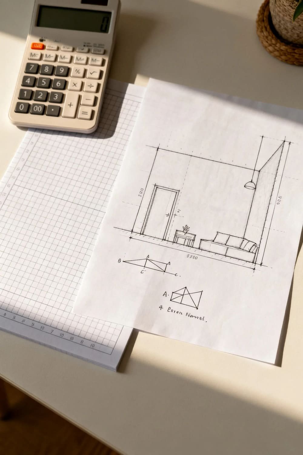 Calculator and sketch of wall measurements showing how to calculate square footage.